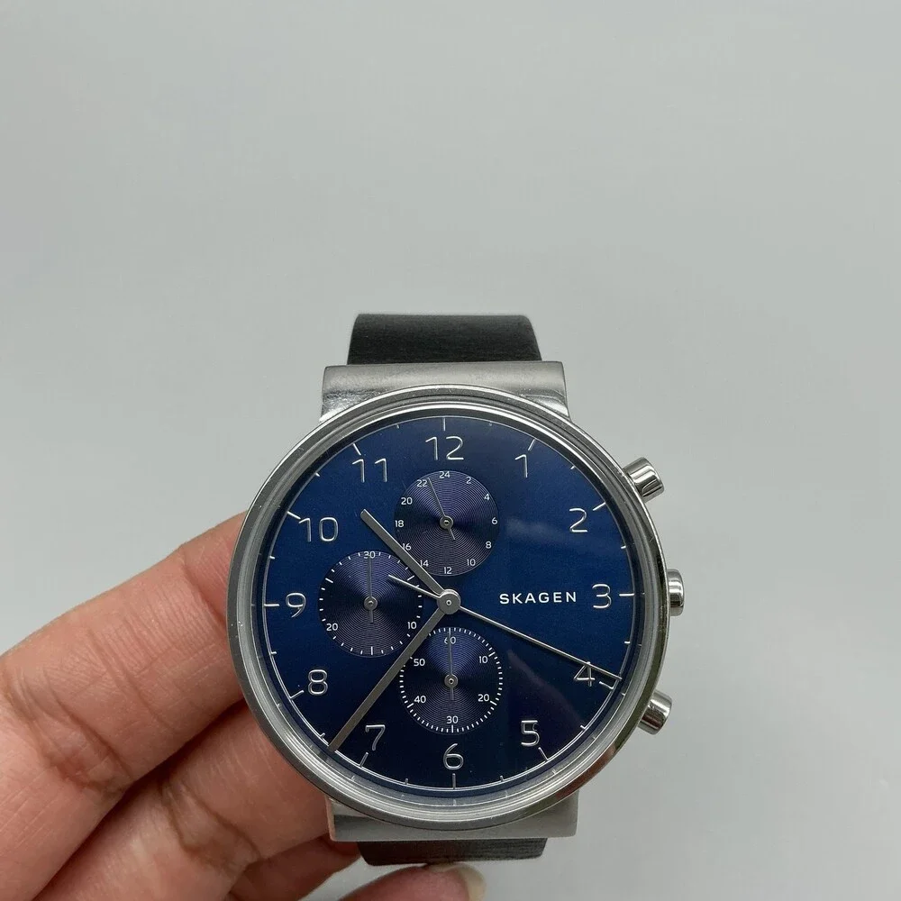 Skagen Ancher SKW6477 Mens Watch 40mm Blue Dial Black Leather Chrono New Battery